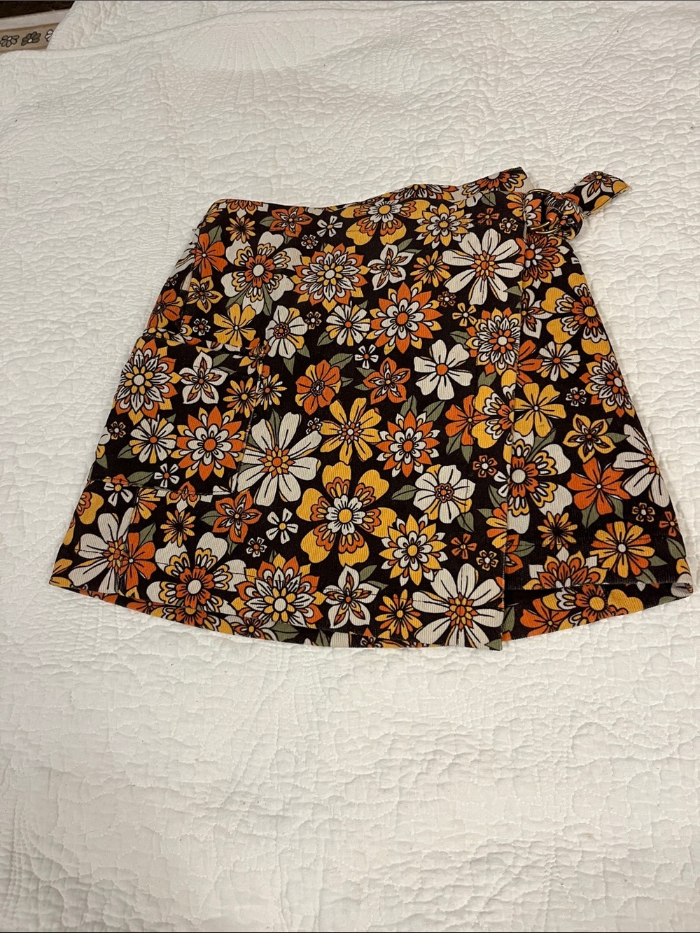 Floral A-Line Wrap Skirt in Black with Orange & Yellow Flowers